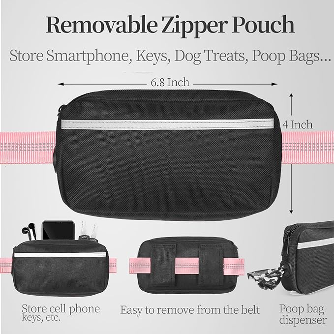 iYoShop Hands Free Dog Leash with Zipper Pouch, Dual Padded Handles and Durable Bungee for Walking, Jogging and Running Your Dog (Large, 25-120 lbs, Baby Pink)