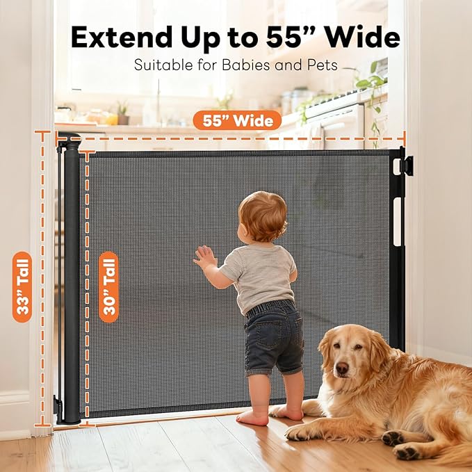 (2 Pack) Retractable Baby Gate for Stairs and Doorways, 55" Wide x 33" Tall Mesh Dog Gate for Indoor & Outdoor Use, Safety Gate for Babies and Pets, Child Gates for Hallways, Hardware Mounted, Black