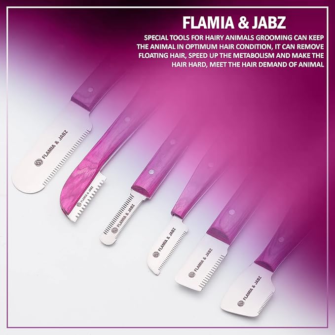 FLAMIA & JABZ FJ Professional Stripping Knife kit (6 pieces set) for Dogs & Pets, Wooden Handle Grip with Stainless Steel Blade (Right handed) (Pink)