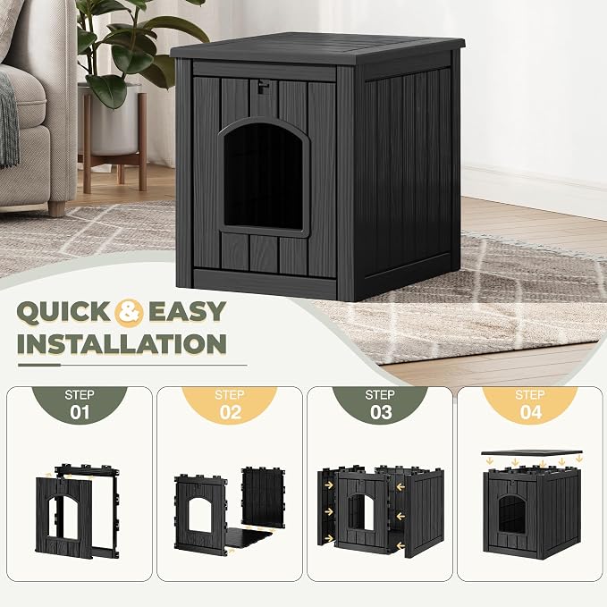 Cat Litter Box Enclosure, Openable Front Door Outdoor Enclosed Cat Litter Box, Outdoor Cat House Weatherproof Raised Floor, Easy to Clean, Black