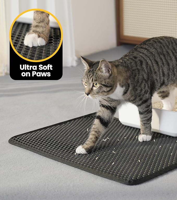 Cat Litter Mat, Upgrade Super Waterproof Back Layer Litter Box Mat, Non Slip, Durable, Soft on Paws Kitty Trapping Matt (24"x18", Black)