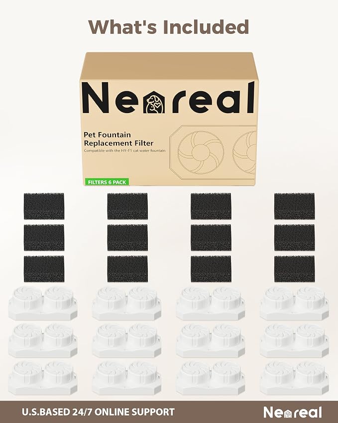 Neareal Cat Water Fountain Replacement Filters and Pre-Filter Sponges | Includes 12 Filters and 12 Sponges for 74oz/2.2L Stainless Steel Pet Fountain