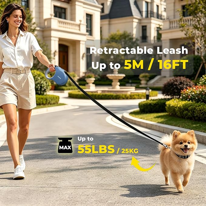 Retractable Dog Leash 16 ft Extendable Leash for Small and Medium Dogs Tangle-Free Nylon Tape One-Hand Brake Lock Walking Lead Up to 55 lbs