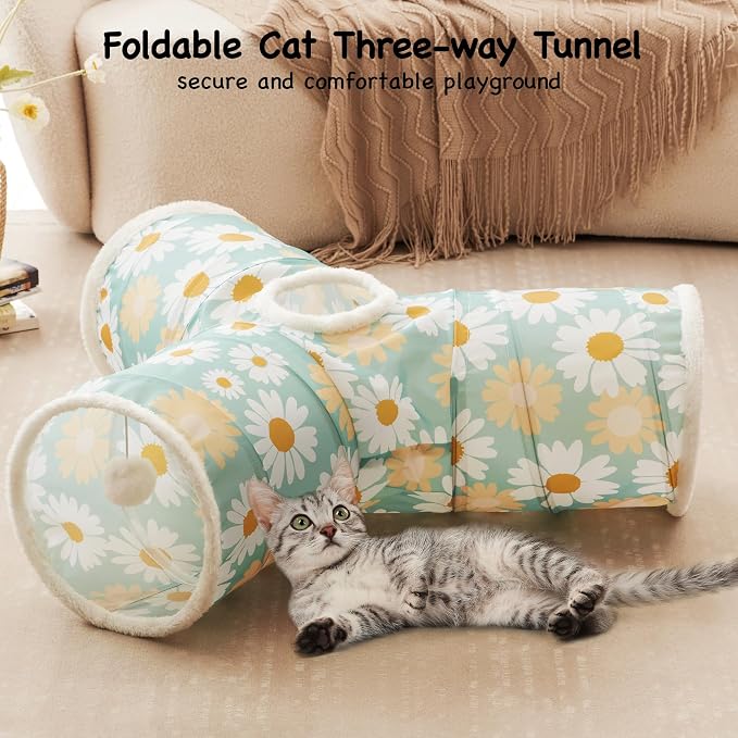 Tempcore Cat Tunnel for Indoor Cats, 3 Way Collapsible Pet Play Tunnel with Teaser Wand, Peek Holes & Hanging Ball, Interactive Tube for Kittens & Rabbits, Daisy Green Printed
