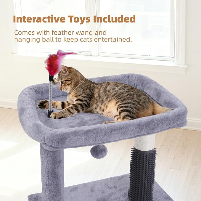 Cat Tree with Self-Grooming Brush and Interactive Toys, Cat Tree Tower for Indoor Cats, Cat Tower with Sisal Scratching Post and Scratching Pads, Cat Condo with Padded Perch, Grey