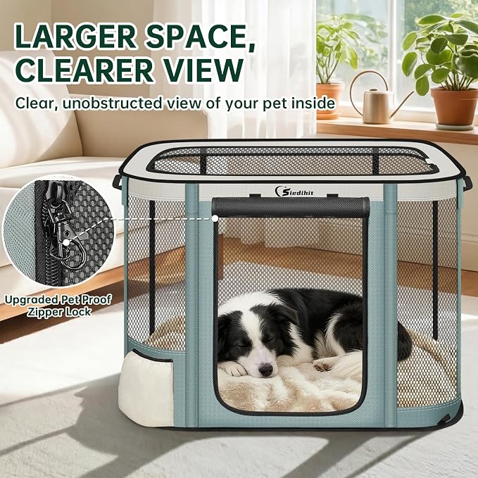 Siedihit Dog Cat Playpen Crate with Washable Pee Pad, Reinforced Durable | Dog Cage, Portable Foldable Pet Kennel with Breathable Visibility (Grey with Pad, Extra Large)