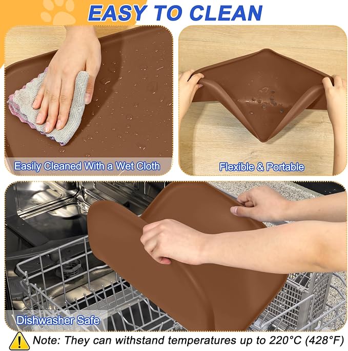 SMILOOL Silicone Pet Food Mat with Raised Edge for Food and Water Bowl, Dog Feeding Mats, Cat Food Trays for Floor Waterproof, Rubber Tray for Dogs and Cats, 19 x 12 x 0.7 Brown