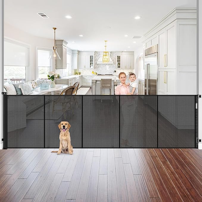 Reinforced 42" Tall Pet Gate 96" Wide Retractable Baby Gate, Indoor/Outdoor | Tall Retractable Dog Gate Prevents Crawling Under, One-Hand Operation Safety Lock, Scratch-Resistant Mesh, Easy Install/Black