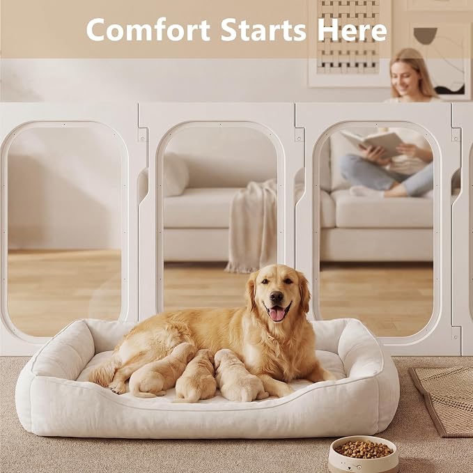 Acrylic Dog Playpen Indoor Expansion Panels, 26'' H Clear Transparent Add-On Panels with Integrated Suction Cups Base, No-Connector Panel-to-Panel Design, 2 Panels for Small Dogs, White