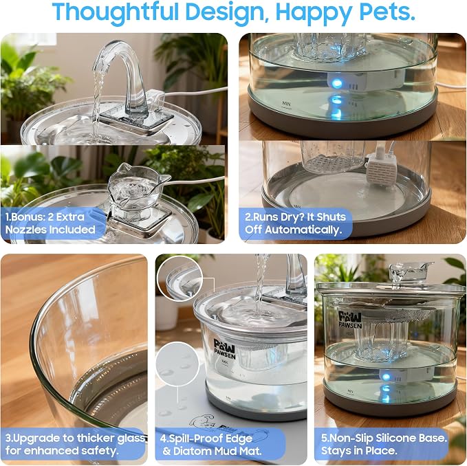 Glass Cat Water Fountain 70oz Dishwasher Safe Pet & Dog Fountain | Automatic 2.1L drinking water dispenser,Easy to Clean Glass Bowl,Ultra Quiet Pump,3-Stage Filtration for indoor Cats & Dogs