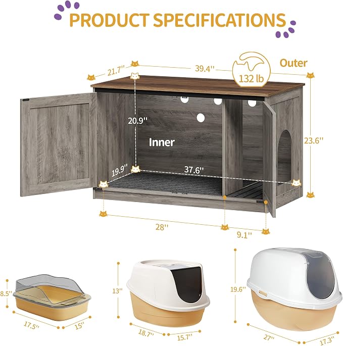 Hzuaneri Cat Litter Box Enclosure, Hidden Litter Box Furniture with Divider | Wooden Cat Cabinet with Removable Dividers, Reversible Entrance Left or Right Side, Cat Washroom, Greige CB84705X