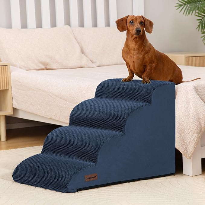 Aodisman Dog Steps for Bed or Couch,4 Step Pet Stairs for Small Dogs & Cat | Curved dog ramp help small dogs, senior cats and puppies get on and off couches and beds, non-slip bottom, 17.4" H,Blue