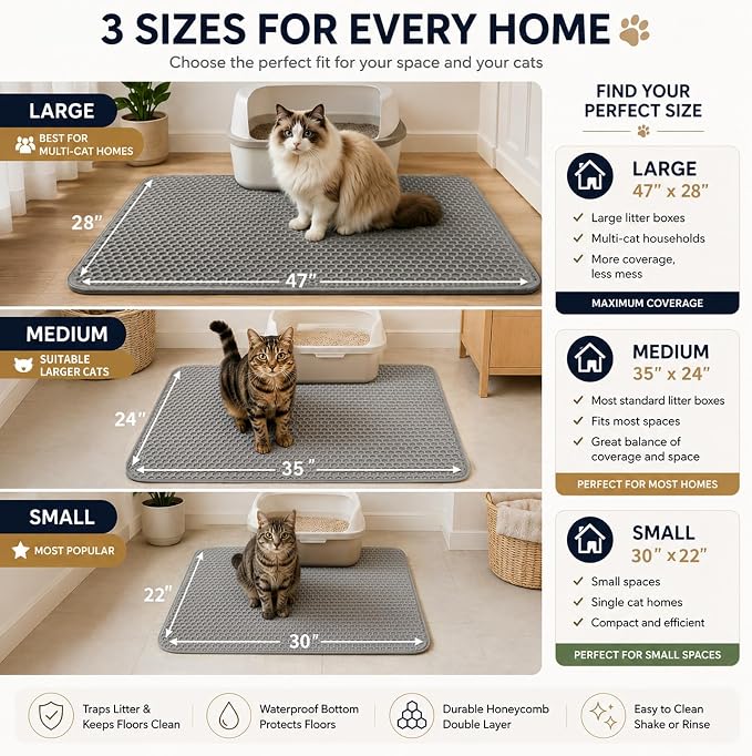 Cat Litter Box Mat Double Layer Trapping Mat Easy-Clean Waterproof Urine Proof(Gray 30x22in)