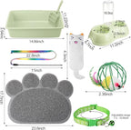 7 Pcs Small Cat Kitten Starter Kit Cat Litter Box with Shovel Paw Litter Mat Double Automatic Kitten Bowls Toy Teaser Stick Collar Essentials Kits for 1-3 Lbs Beginner(Simple,Green)