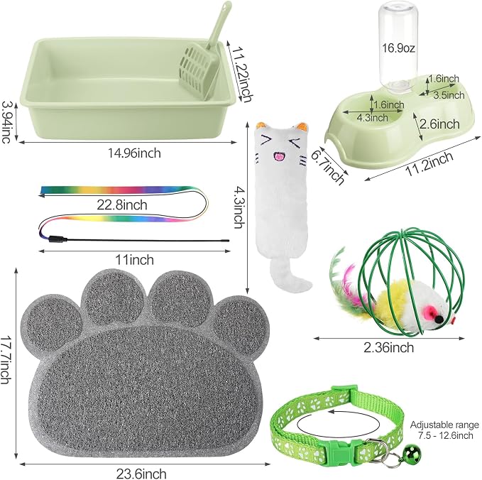 7 Pcs Small Cat Kitten Starter Kit Cat Litter Box with Shovel Paw Litter Mat Double Automatic Kitten Bowls Toy Teaser Stick Collar Essentials Kits for 1-3 Lbs Beginner(Simple,Green)