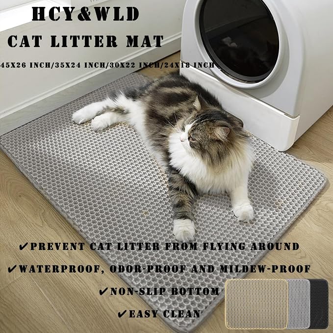 HCY&WLD Cat Litter Mat, Double Layer Cat Litter Box Mat (24x18 Inch, Black) | Waterproof Urine-Proof Non-Slip Litter Trapping Mat, Soft on Kitty Paws, Scratch-Resistant, Scatter Control, Easy to Clean