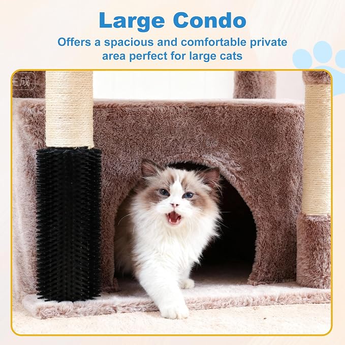 Hey-brother Cat Tree Tower with Large Platform, Spacious Condo, MPJ060MU | 35.4 Inches, 2 Cozy Hammocks, Self-Grooming Brush, Sisal Scratching Posts for Big Indoor Adult, Maine Coon, Muchroom