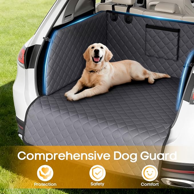 PETICON SUV Cargo Liner for Dogs, Pet Trunk Cover with Cushioned Sides | Full Coverage Non-Slip Cargo Cover with Bumper Flap Protector, Waterproof 600D Oxford, 28D High-resilience Foam, Safer Rides
