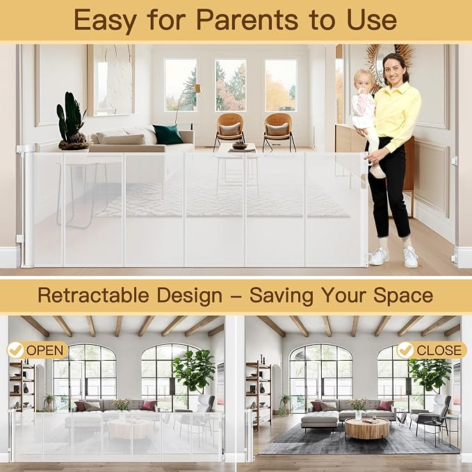 Reinforced 120 Inch Retractable Baby Gates for Doorway, Bottom Anti-Crawl 10 Foot Extra Long Baby Gate, Indoor/Outdoor Retractable Dog Gate for Doorway, Extra Wide Pet Gates for Wide Openings, White
