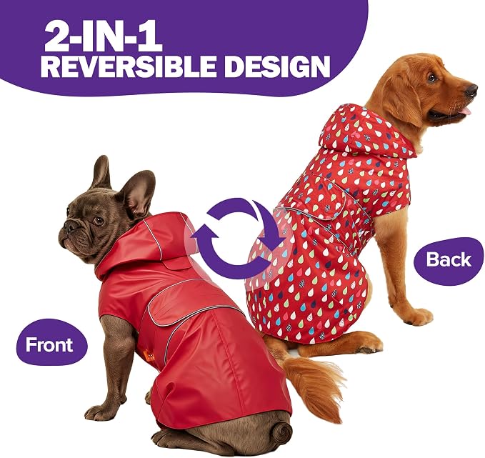 Kimee Dog Raincoat Reversible, Single Side Slicker Poncho Adjustable Waterproof Dog Rain Jacket with Leash Hole/Reflective Stripe Hooded Snowproof Windproof Clothes for Small to 3X-Large Dogs, S