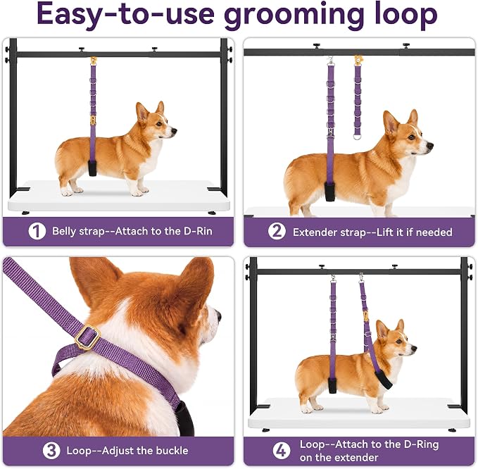 Dog Grooming Arm for Table, H-Shape Adjustable Grooming Stand, 42" Height & 26"–50" Width, Clamp-On Pet Grooming Arm with Grooming Loop and Belly Strap Set for Home Grooming, Nail Trimming & Drying