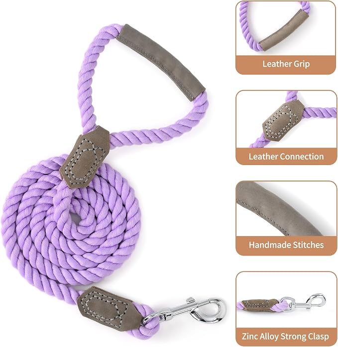 Mile High Life Dog Leash Braided Cotton Rope w/Leather-Wrapped Ends/Handle | Rust-proof 360° swivel clasp, Heavy-duty for medium/large breeds. Great for weddings, daily walks (5 FT, 1/2", Purple)