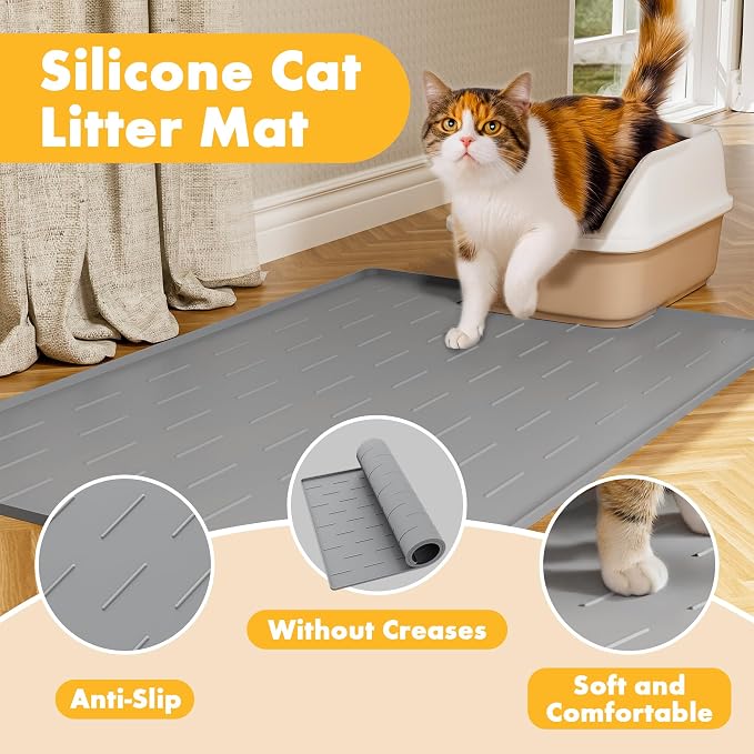 Pieviev Extra Large Silicone Litter Box Mat, Easy to Clean, 40'' x 28'' | Extra-Large Coverage Area Litter Mat, Soft on Kitty Paws, Grooves Reduce Waste, Raised Edges Trap Urine and Spills.