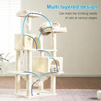 Hey-brother Cat Tree Tower with Sisal Scratching Posts, Big Condo, MPJ020M | 53.7 Inches Multi-Level Cat House with 2 Bigger Plush Condos, 2 Platforms, Hammock, Toy Balls for Indoor Cats, Beige