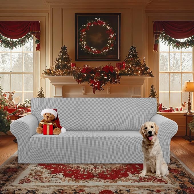 Stretch Oversized Couch Covers for Sofa Slipcover,Silver | 1-Piece Washable Sofa Cover (94"-110") 4-Seater Furniture Protector, Soft Jacquard Non-Slip Elastic Bottom for Dogs & Kids