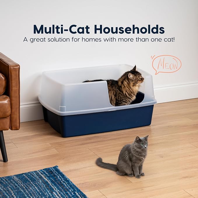 IRIS USA XX-Large Side Entry Cat Litter Box, Navy | Multi-Cat Use, Extended Length Design, Extra Room Interior, Jumbo Capacity Pan, Comfortable Space, Multiple Cat Ready