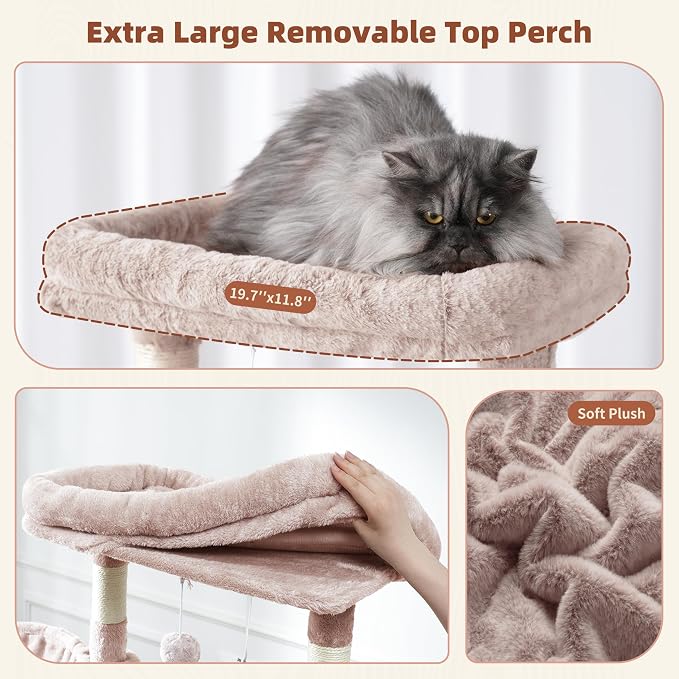 Gitelsnour Cat Tree, 63'' Cat Tower for Large Cats, Big Hammock GCT020MU | Cat Condo, Cat Scratching Posts for Indoor Adult Cats, 4 Platforms（ 2 Big 2 Small）, 2 Baskets, Sisal Rope, 4 Toys, Mushroom