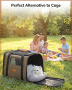 Morpilot Pet Carrier for Large Cats, Puppies & Small Dogs Up to 20lbs | Escape-Proof with Locking Zippers, Dual-Sided Cushion, Safety Buckle for Car & Vet Travel, Includes Foldable Bowl (Brown)
