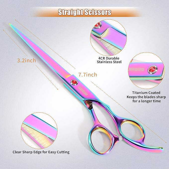 7.0in Titanium Professional Pet Grooming Scissors Set, GEMEK 6 in 1 Straight & Thinning & Upwards Curved & Downwards Curved Scissors & Comb for Dogs, Cats (Rainbow)