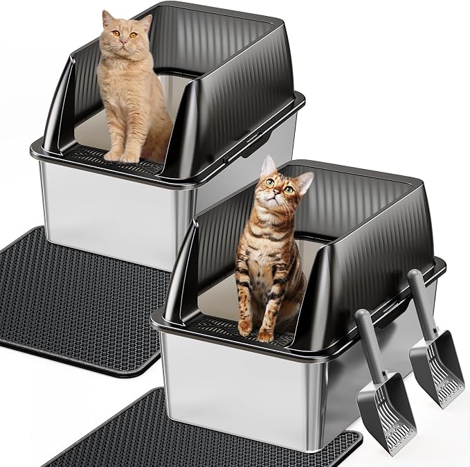 Tripamin 15” XL Stainless Steel Cat Litter Box Enclosure, XXL Stainless Steel High Sides with Lid, Extra Large Metal Cat Litter Box (Translucent Black, 2Pcs-Large-XXL)