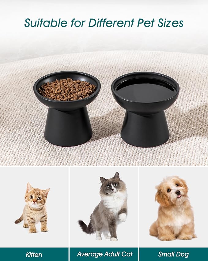 vancasso Ceramic Elevated Cat Bowls 2-Pack - 6.2" Extra Wide Raised Cat Food & Water Dishes, 5.1" Optimal Height Anti-Whisker Fatigue Shallow Bowls for Cats/Kittens/Dogs, Lead & Cadmium Free (Black)