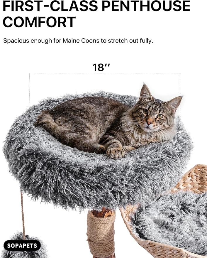 Sopapets Solid Wood Cat Tree for Large Cat, 41.3" Modern Cat Tower with Heavy Duty Real Branch & Hand-Woven Basket, Sisal Scratching Posts & Cozy Bed, Luxury Furniture for Indoor & Maine Coon, Gray