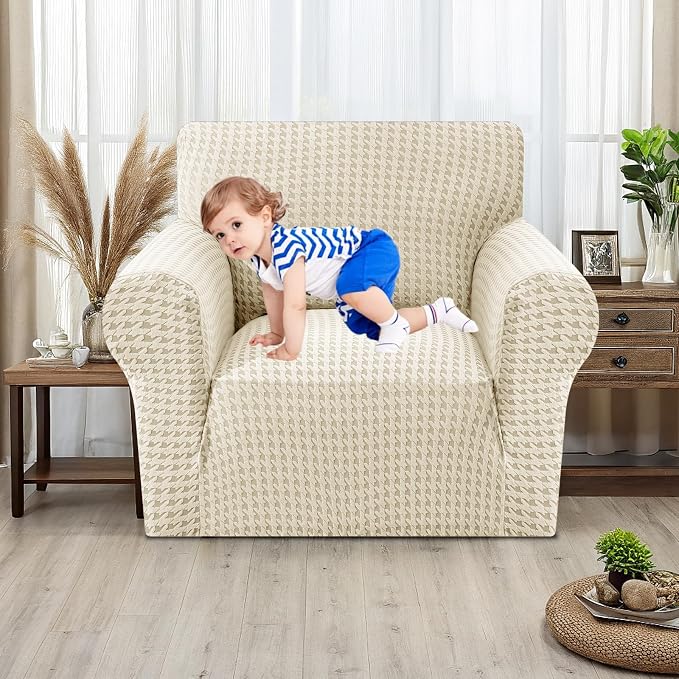 MAXIJIN Stretch Sofa Chair Slipcovers with Arms (31"-46 Washable Chair Cover Armchair with Non-Slip Foam & Elastic Bottom, Dog Cat Pet Friendly Furniture Protector (Small, Beige)