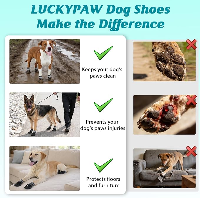 LUCKYPAW Dog Shoes for Large Medium Dogs, Dog Boots for Hot Pavement Size8 | Breathable Paw Protectors for Summer Walking Hiking Winter Snow Outdoor, No Slip Reflective Booties for Hardwood Floor