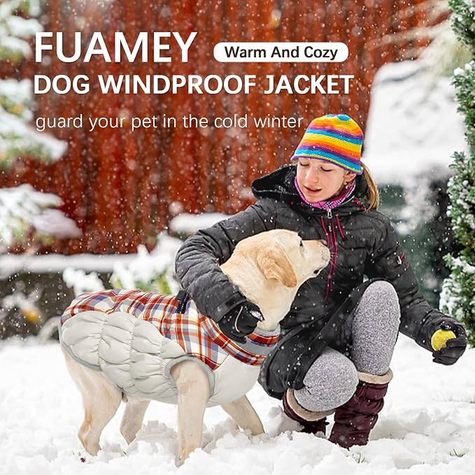 FUAMEY Dog Jacket for Large Dogs Warm Dog Jackets with Harness Built in | Dog Winter Jacket Cold Weather Snow Puppy Vest Water-Resistant Zip up Dog Fleece Jackets High Visibility Red Plaid XXL