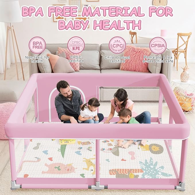 XVISHX Baby Playpen with Mat, 50 x 50 Inch Playpen for Babies and Toddlers, Baby Playard for Indoor & Outdoor Active Center Game Fence, with Skin-Friendly Fabric and Soft Breathable Mesh, Pink