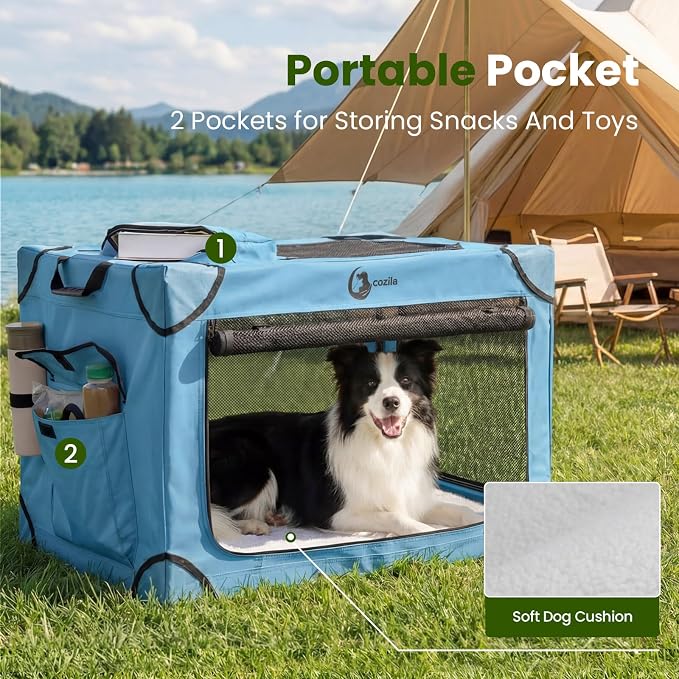 Portable Collapsible Soft Dog Crate for Small Dogs, 26in Blue | Oxford Cloth Travel Camping dog kennel with 4 Mesh Windows & 2 Storage Pockets,for Indoor & Outdoor Use