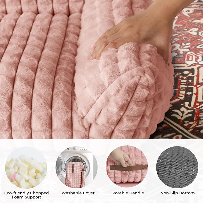 Cute Small & Medium Dog Couch Bed – Supportive & Fluffy Pet Sofa with Faux Rabbit Fur Washable Cover in 3D Diamond Pattern, 36" Pink
