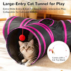 Tempcore Cat Tunnel for Indoor Cats, 3 Way Collapsible Pet Play Tunnel with Teaser Wand, Peek Holes & Hanging Ball, Interactive Tube for Kittens & Rabbits, Black & Rose Red