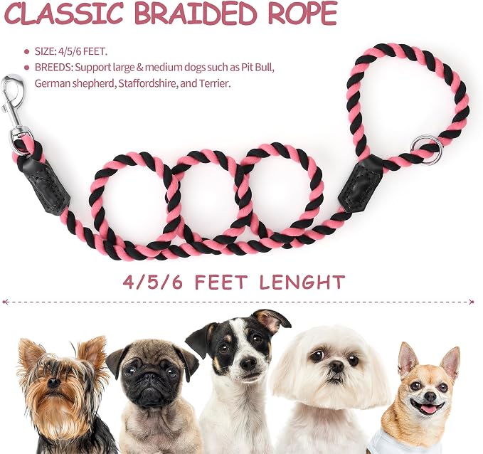 Mile High Life Rainbow Dog Leash Braided Cotton Rope w Leather-Wrapped Ends | Rust-proof 360° swivel clasp, Heavy-duty for medium/large breeds. Great for weddings, daily walks (4FT, 1/2", Black/Pink)