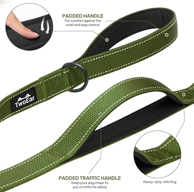 TwoEar 6FT 1IN Strong Green Dog Leash with 2 Padded Handles, Traffic Handle Extra Control, Comfortable Soft Dual Handle, Auto Lock Hook, Reflective Walking Lead for Small Medium and Large Dogs