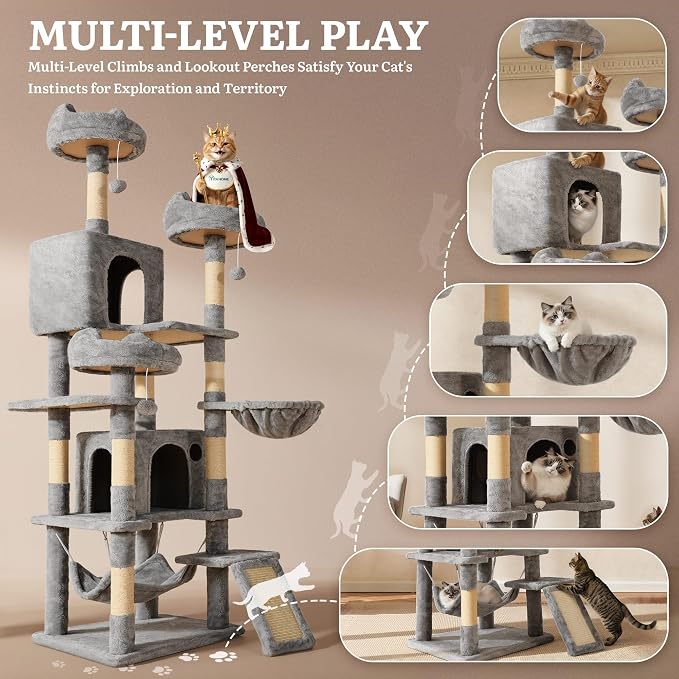 YITAHOME 75-Inch Tall Multi-Level Cat Tree Indoor | Cat Tree Tower with Condos, Top Perches, Sisal Ramp, Scratching Posts & Cozy Basket Hammocks