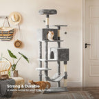 Feandrea Cat Tree, 73.2-Inch Tall Cat Tower, Plush Multi-Level Condo with 5 Scratching Posts, 2 Perches, 2 Caves, Hammock, 2 Pompoms, Light Gray UPCT191W01