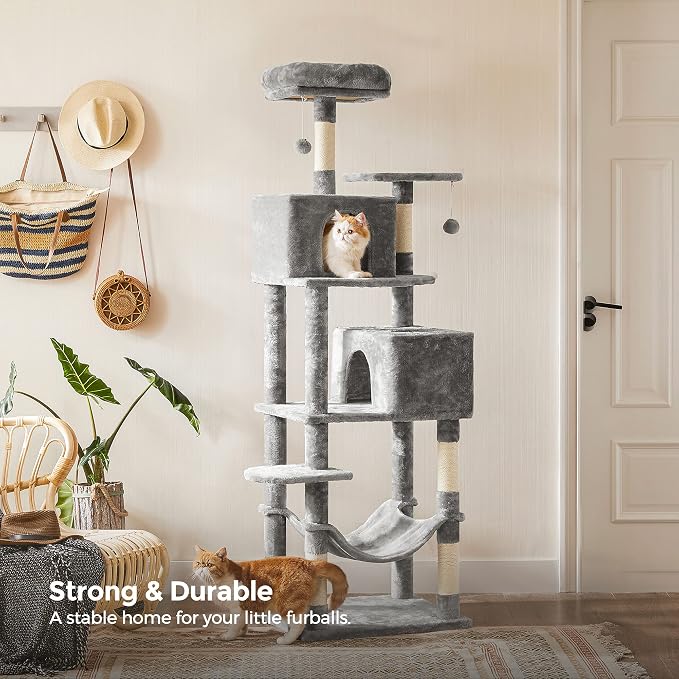 Feandrea Cat Tree, 73.2-Inch Tall Cat Tower, Plush Multi-Level Condo with 5 Scratching Posts, 2 Perches, 2 Caves, Hammock, 2 Pompoms, Light Gray UPCT191W01