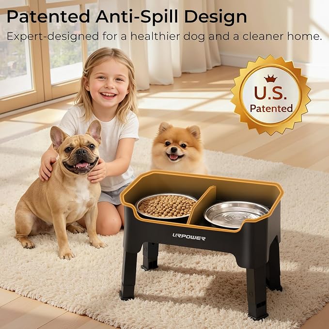 URPOWER Mess Proof Elevated Dog Bowls for Small Dogs with Splash Guard | 4 Height Adjustable Raised Stand with 2 Stainless Steel Food Bowls & Licking Plate for Small, Medium & Large Dogs