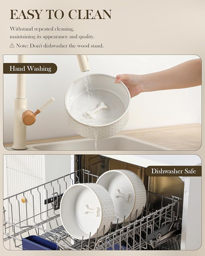 MALACASA Dog Bowl Set, Ceramic Bowls with Walnut Wood Stand, 6 Cups | Rhombic and polka dot design, non-slip base, for dogs, about 26% heavier than similar ceramic bowls